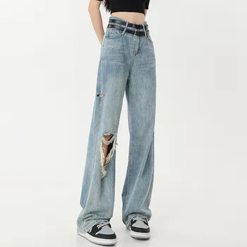 023 הגעה חדשה קיץ סגנון קוריאני נשים חור עיצוב כותנה, ג 'ינס באורך מלא ג' ינס כפתורים המותניים ישר מזדמנים מכנסיים V673