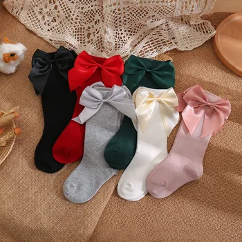 1 זוג ילדים גדול בצורת קשת באמצע גרבי גרביים לתינוק מוצק צבע חמוד ונוח, לנשימה גרבי כותנה רך גרביים
