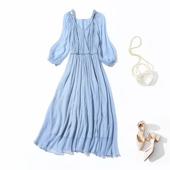 100 התות משי ארוך שמלה נשים שמלת V-צוואר חוש עיצוב ערפל כחול 2023 החדש בשמלות קיץ פיות להתלבש בסגנון צרפתי