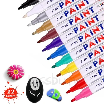 12 צבעים צבע עט מתכת עמיד למים דיו קבוע אמנות עט סימון על אבן, עץ מתכת פלסטיק זכוכית Graffti קרמיקה רכב DIY