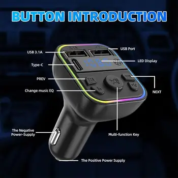 1pcs לרכב Bluetooth שחקן הרכב 5.0 משדר FM משטרת MP3 3.1 צבעוני מטען USB מהיר אור מסוג-C דיבורית הסביבה כפול P2G4