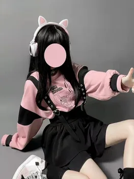 2023 אופנה יפנית Kawaii שתי חתיכות להגדיר נשים קריקטורה הדפסה קפוצ ' ונים+Suspender קצרים Harajuku Conjunto Femenino Y2k תלבושות