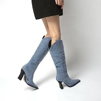 2023 החורף, ג ' ינס נשים מערביות בוקרים מגפי אופנה להחליק על בנות Eelgant זמן מגפיים עבים גבוה העקב נעלי נשים