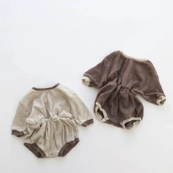 2023 הסתיו בייבי בנים שרוול ארוך בגד גוף רך חם כותנה תינוק צבע טהור רומפר מזדמן היילוד פעוט Pullovers סרבל