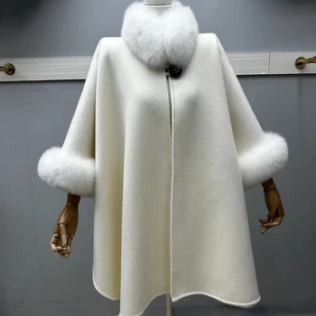 2023 חדש אופנה פרווה אמיתית מעיל חורף מעיל נשים טבעי פרוות שועל צווארון האזיקים הזיקוקים שרוול צמר צמר חופשי הלבשה עליונה יוקרה