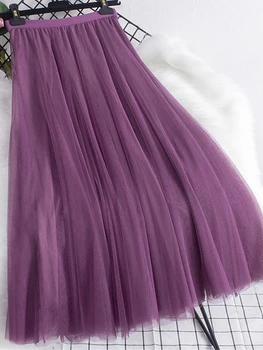 2023 חדש גדול שולי ארוך חצאית טול נשים קוריאני מקרית פשוטה מוצק 3 שכבות קו גבוה מותן חצאית מקסי נשית הגברת סגול