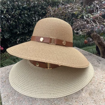 2023 חדש כובע קש אישה חמה מכירת צל נסיעות הקיץ חופשת חוף כובע כובע השמש UV הוכחה רחב שוליים כובע פנמה