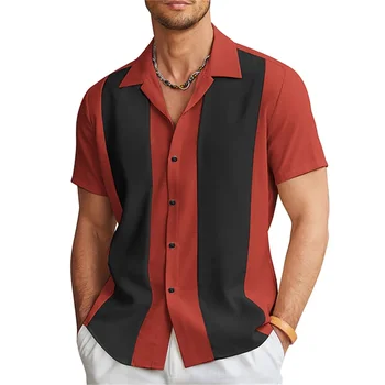 2023 חדש של גברים חולצות חולצות באולינג כפתור חולצות קיץ מזדמן אדום עם שרוולים קצרים בצבע תואם כנפות רחוב בגדי אופנה