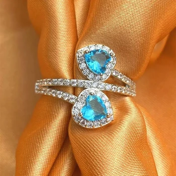 2023 לב כפול טבעות רואה כחול אוהב זרקונים אביזרים החתונה לנשים צבע כסף נצח תכשיטים אופנתיים