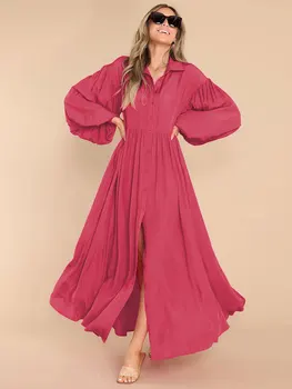 2023 סתיו חורף חדשה גולש ארוך מוצק צבע גדולים עבור שמלת נשים שרוול ארוך כפתורים. החולצה שמלות מקסי A2743