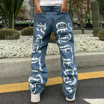 2023 רחוב סנסקריט Carck להדפיס ישר ג 'ינס מכנסיים לגברים ונשים אווירה בסגנון חופשי שטף רטרו מזדמנים מכנסיים ג' ינס