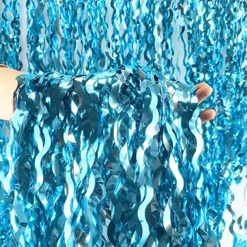3 Pack 3.2 ft x 6.6 ft גלי קישוטים רדיד שוליים וילונות טיל כחול רקע על ים יום הולדת מתחת למים,מסיבה, בייבי כריש