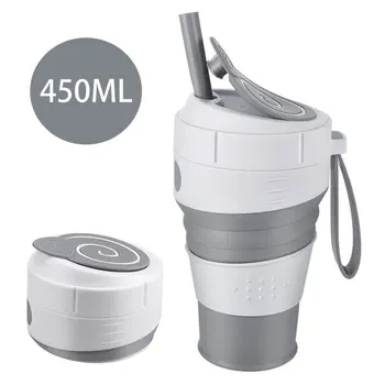 450mL סיליקון מתקפלת קפה כוס עם קש דליפת הוכחה המכסה עבור נסיעות וטיולים פיקניק כיתה מזון BPA FREE מתקפל ספל קפה.