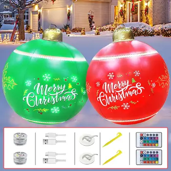 60 LED חג המולד מתנפחים מעוצבים כדור זוהר PVC ענקית כדורי חג המולד עץ חג המולד בחוץ קישוט הביתה צעצוע כדור