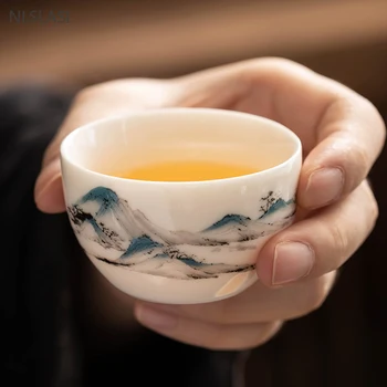 6pcs/40ml בסגנון סיני קרמיקה כוס תה סט רטרו פורצלן לבן תה קערה למען כוסות ספל קפה ביתיים בעבודת יד מאסטר גביע