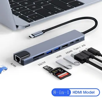 8 in 1 USB C רכזת סוג C 3.1 ל-4K HD מתאם עם RJ45 SD קורא כרטיסי TF משטרת מהר תשלום עבור MacBook למחשב נייד מחשב נייד מחשב האב.