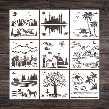 9pcs חלול ציור סטנסיל פלסטיק נופי העיר הכפרית יער חווה חוף אלמנט DIY עבודת יד תבנית