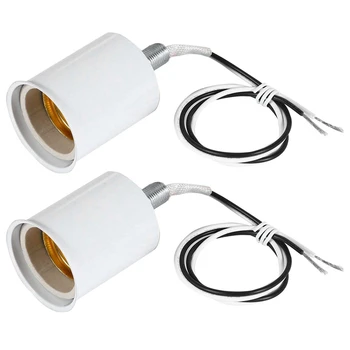 A50I 2X E27 קרמיקה בורג בסיס סיבוב הנורה LED מנורה, שקע בעל מתאם מתכת מנורה מחזיק עם חוט לבן.