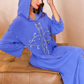 Abaya לנשים מוסלין עם ברדס חרוז Jellaba כחול יד תפור יהלום מופשט דפוס מרוקאי להתלבש דובאי נשים ללבוש בגדים