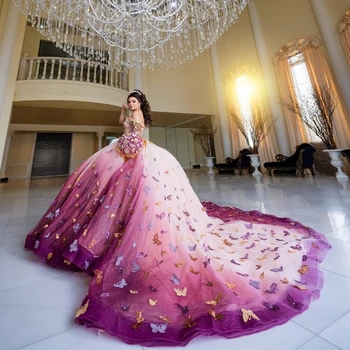 ANGELSBRIDEP 3D פרפר נוצץ הטקס שמלות רכבת משפט אפליקציה חרוזים שמלת נשף טול Mexcian 16 מתוק שמלת נשף