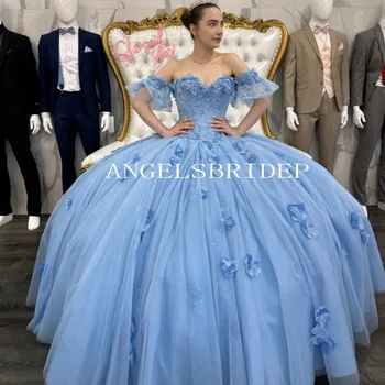 Angelsbridep פרחים כחולים הטקס שמלות 3D חרוזים פרחוני אפליקציות Vestidos דה-15 שנים הנסיכה שמלת מסיבת יום הולדת