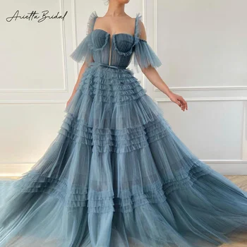 Arietta מאובק כחול מתוק עם קפלים טול Maxi שמלות נשף את כתף קפלים שכבתית קו A ערב צד שמלות