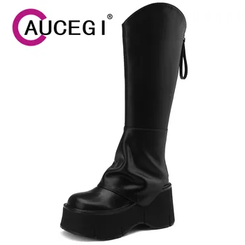 Aucegi הגעה חדשה פלטפורמת עקבים עבים נשים צינור ברך מגפיים גבוהים אופנה איכותיים מעור עגול הבוהן רוכסן שמלת הנשף נעליים