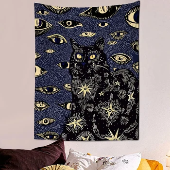 Black Eyed פאנק חתול פרחים שטיח קיר דקורטיבי אמנות שמיכה וילונות תלויים בבית חדר שינה סלון עיצוב