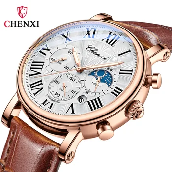 CHENXI 973 העליון מותג יוקרה אנשי עסקים הירח שלב תאריך עמיד למים תכליתי זכר חיוג שעון יד קוורץ עור שעונים