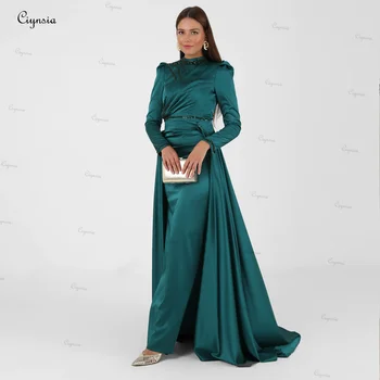 Ciynsia דובאי ערבית מוסלמית ערב רשמי שמלות שרוולים ארוכים גלימות דה לנשף סאטן חרוזים חתונה אלגנטית שמלה למסיבת 2024