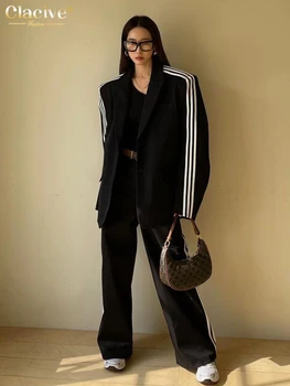 Clacive רופף אופנה מכנסיים שחורים סטים לנשים 2 יחידות אלגנטי שרוול ארוך בלייזר גבוהים מותניים רחב מכנסיים חליפות נקבה