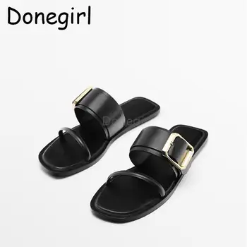 Donegirl 2023 קיץ חדש לנשים חוף נעלי עור אמיתי מתכת אבזם שטוח פשוט נעלי בית החיצון ללבוש קישוט כפכפים