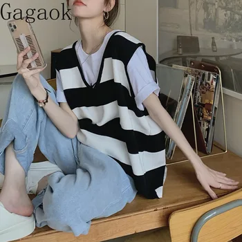 gagaok שחור-לבן עם פסים לסרוג אפודה לנשים אביב/קיץ 2023 קוריאנית חופשי הרזיה V-הצוואר סוודר אופנה לכל היותר