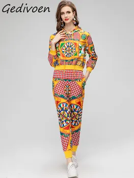 Gedivoen הקיץ מעצב אופנה וינטג דפוס מודפס מכנסיים להגדיר נשים עם ברדס גמיש עליון+כיסים עיפרון מכנסיים 2 חתיכות להגדיר