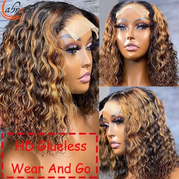 HD Glueless האנושי שיער קצר מתולתל בוב הפאה 5X5 תחרה סגירת פאות עבור נשים מותק בלונדינית Ombre להדגיש בצבע חום המים גל