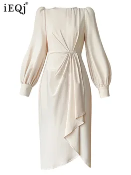IEQJ צרפתי אלגנטי סדיר משולבים חרוזים שמלות לנשים ארוך שרוול סלים בסגנון נסיכה השמלה 2023 סתיו חדש 3WQ3808