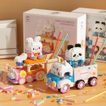 Kawaii פנדה המכונית להבין את אבני הבניין התאספו קריקטורה ארנב מחזיק עט מיני מיקרו לבנים דגם צעצועים לילדים מתנות חג המולד