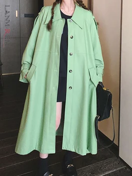 LANMREM קוריאני סגנון עור PU ארוך מעיל נשים דש חגורה אחת עם חזה מוצק צבע בגדים 2023 סתיו חדש 2AA2639