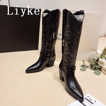 Liyke אופנה מגניב רכיבה מערבית קאובוי גבוה הברך, מגפי נשים נחש שחור הדפס נעלי עור עקבים נמוכים בנות המסיבה נעליים