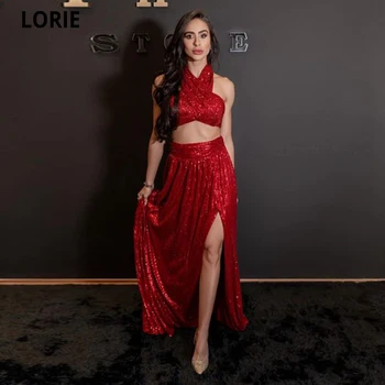 LORIE אדום שמלות ערב Vestidos פארא Mujer גאלה סקסית גבוהה הרגל שסע שתי חתיכות קו פאייטים, שמלות צד גלימות דה לנשף