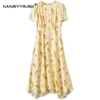 MARYYIMEI הקיץ מעצב אופנה נשים שמלת משי קצרה עם שרוולים פרחוניים-הדפסה דק אלגנטי שמלות משי