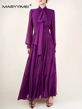 MARYYIMEI מעצב אופנה סתיו נשים שמלה צעיף צווארון פנס שרוול Ruched דק אלגנטי למסיבת החג שמלות ארוכות
