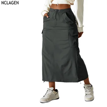 NCLAGEN Workwear חצאית גומי ספורט מזדמנים חצי אורך החצאית אמצע אורך תכליתי בכיס החצאית