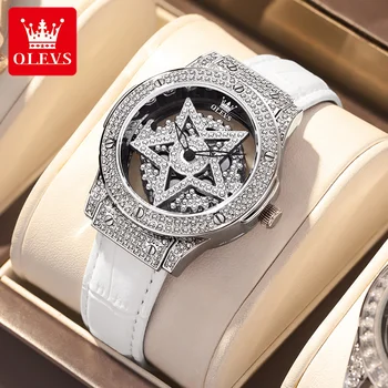 OLEVS חדש לנשים שעון יוקרה יהלומים אלגנטי כסוף קוורץ שעונים לנשים כוכב מחומש ניתן לסובב Womens שעון היד