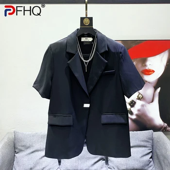 PFHQ סתיו של גברים מתכת לחצן עיצוב החליפה אופנה באיכות גבוהה שרוול קצר בלייזר מעיל אופנה תוספות בצבע מלא כיסים 21Z1305