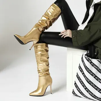 QPLYXCO זהב כסף Womens מגפי הבוהן מחודד דק עקבים גבוהים נעלי עקב נעלי קפלים עיצוב החורף הברך מגפיים גבוהים עבור האישה.