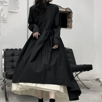QWEEK לוליטה גותית שמלה שחורה נשים אביזרי סגנון מתוק משובח Kawaii שרוול ארוך שמלות ילדה החלוק בגדים חמודים 2021 סתיו