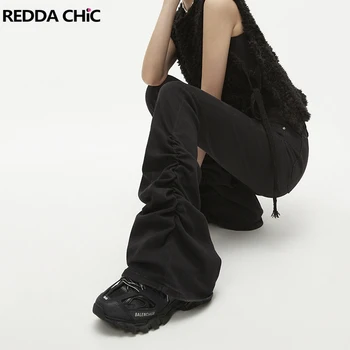 REDDACHiC בחורה גבוהה Shirred נור ג ' ינס בסיסיים שחור מוצק Bootcut מכנסיים עלייה גבוהה דנים בל תחתית נשים Harajuku Y2k מכנסיים