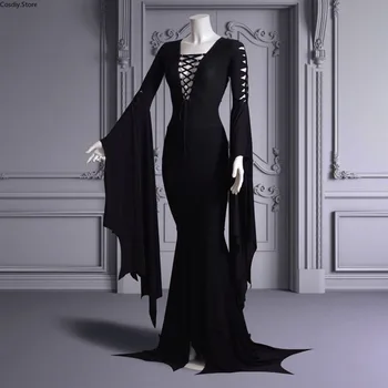 S-5XL סקסי המכשפה רוח ליל כל הקדושים מורטישיה Addam גותי שמלת מקסי פגאני פיות ערפד שחור תחרה שמלת חלוק לנשים