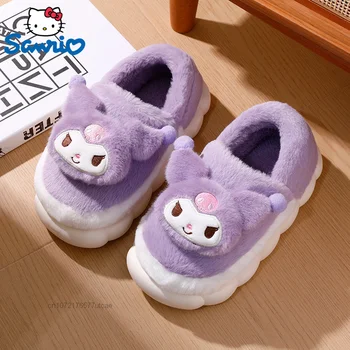 Sanrio Kuromi מלודי Cinnamoroll חדש פרווה נעל מכוסה עם העקב של נשים קטיפה כותנה נעלי חורף חדשות חמות רכות ונעלי בית